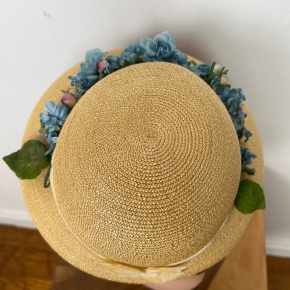 BLUE FLORAL 50’s 50s Cherries Berries & Pearls Vintage Straw Brimmed Sunhat Hat - Picture 5 of 16